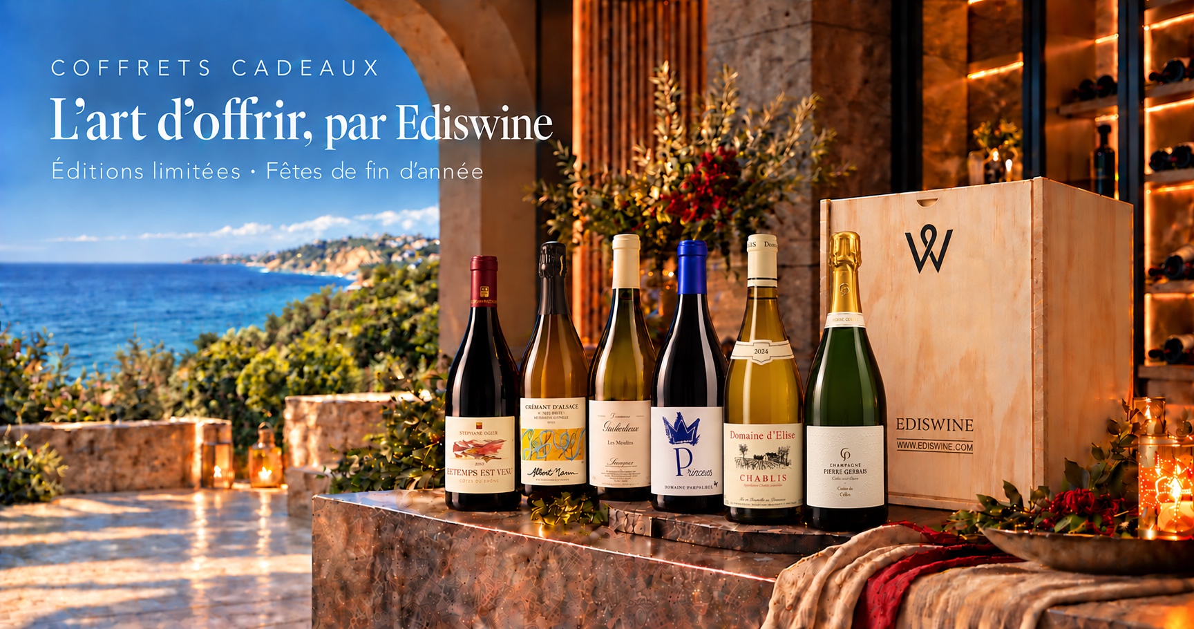 Ediswine gift boxes with six bottles and wooden case